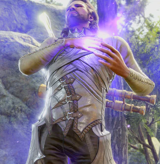 A picture of Gale at the wilderness camp. His hands are over his heart, burning bright with netherese magic as he consumes a magic item.