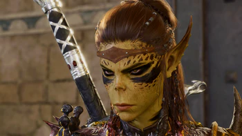 Lae'zel on the upper floor of Sharess' Caress. She has a determined look on her face and is affirming the player character's decision to steal the Orphic Hammer from the House of Hope.