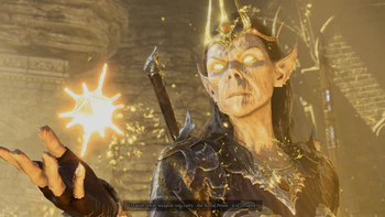 A picture of Vlaakith, appearing as massive planecaster projection before the party at Crèche Y'llek, holding an image of the Astral Prism. She is attempting to convince the party it is corrupted.