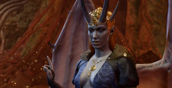 A picture of Mizora. She is in the mind flayer colony just released from a pod by the party. She is reciting clause Z to Wyll in a manner not unlike a condescending school teacher to their pupil.