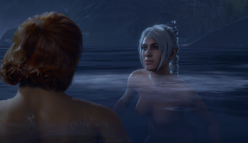 A picture of Shadowheart and the player character. As they swim naked under the moonlight, she beckons him closer.