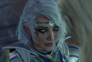 A picture of Isobel in Moonrise Towers. She kneels before Aylin, overjoyed at their being reunited after a century apart.