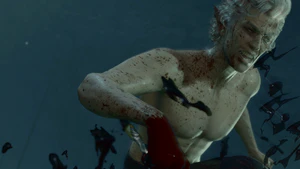 A picture of Astarion's face. He is in Cazador's dungeon, his eyes full of pure rage, as he stabs Cazador to death.