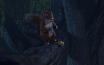 A picture of a squirrel in the forest. It has just dropped an acorn after observing Halsin in bear form, having sex with the player character.