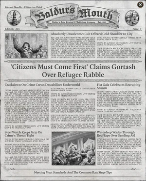 Newspaper page with the centeal headline: " 'Citizens must come first' Claims Gortash over Refugee Rabble"