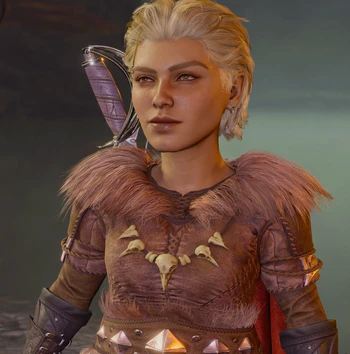 A picture of a halfling hireling at the wildnerness camp. She wears a wry and curious smile on her face.