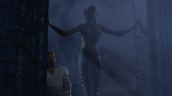 Lae'zel stands at the altar room threshold, in her camp garb, inviting the player character to night of pleasure without commitment.