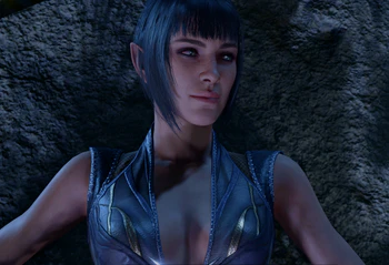 A picture of Shadowheart laying down and resting at night with the player character at her side, wearing her evening garb. She is relaxed and hoping for a kiss.