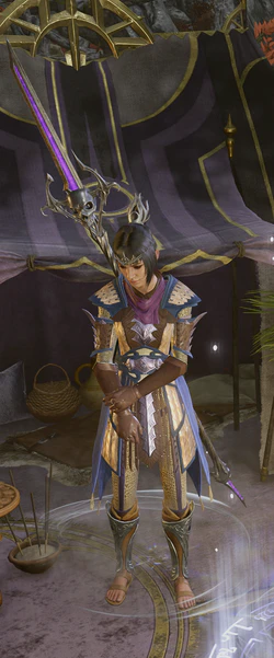 A picture of Shadowheart standing in camp, her arms uncharacteristically crossed in front of her. She is deep in thought and harboring doubts about her faith and relationship with Shar.