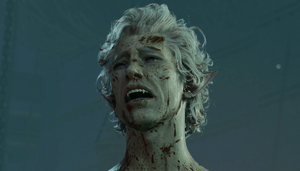 A picture of Astarion's in Cazador's Dungeon, having just killed Cazdor. His crying face wears the emotions of anguish, pain and relief, as he absorbs the realization that, after two hundred years, he is finally free.