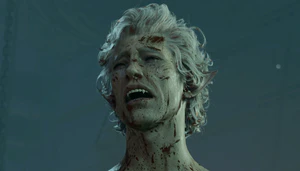 A picture of Astarion's in Cazador's Dungeon, having just killed Cazdor. His crying face wears the emotions of anguish, pain and relief, as he absorbs the realization that, after two hundred years, he is finally free.