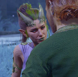 A picture of the Dream Guardian during a dream sequence. They accepted the player character's offer of a hug and wear an enamored look of appreciation.