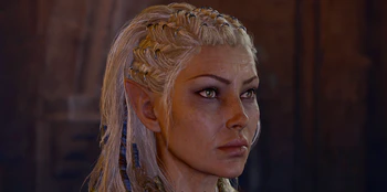 A profile picture of Jaheira's face. She is Danthelon's basement, where a Harper was forced to assist in setting an ambush. She wears a thoughtful look as she considers how to handle him, now that the battle is won.