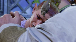 A picture of the Dream Guardian and the player character during a dream sequence in Act Two. The Dream Guardian accepted the player character's offer of a hug during the scene, and is in their arms.