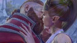 A picture of the Dream Guardian and the player character during the primary romance scene in Act Three. At the request of the player character, the Emperor is its Dream Guardian form. They are sharing a passionate kiss.