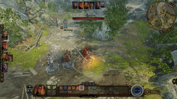 A picture of Raphael at the broken bridge just outside of the Blighted Village. He is in conversation with the Player Character while Karlach is far enough away to not have been pulled into the conversation. She is poised to strike at Raphael with her Greataxe.