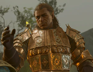 A picture of Halsin wearing Dwarven Splint Mail. Among the six dwarves depicted on the front the armour, one is mooning the observer.