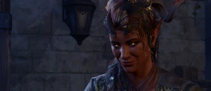 A picture of Karlach at The Singing Lute. She is having a date night dinner with the player character and the smile on her face shows she is enjoying the company.