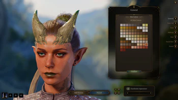 A zoomed in picture of a Tiefling's skin colour being customized during character creation. Chili Tone 3 was selected.