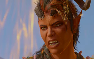 Karlack is standing over the dead body of Gortash on the rooftops of Wyrm's Rock Fortress. Her face if full of anger, frustraion and despair over her uncertain future.
