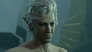 A picture of Astarion in Cazador's Dungeon, having just defeated Cazador, he wears a bemused look on his face as he considers his options.