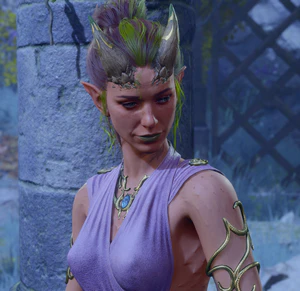 A female tiefling with reddish skin wearing a light purple dress sitting in front of stone pillars during a dialogue scene.