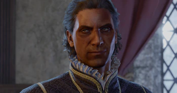 A close-up picture of Raphael at the Last Light Inn. He is in conversation with the Player Character and has heavy brusing on his face after having been knocked out by the party earlier in Act One.