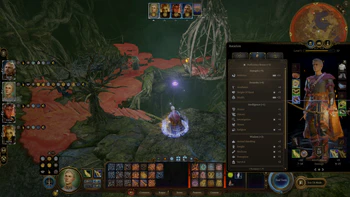 A picture of Astarion crouching in Ethel's Ancient Abode, ready to use stealth tactics against her. The pictures shows several buffs bring his base stealth bonus to a plus 22.