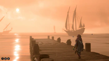The epilogue of Baldur's Gate 3, showing the player character on a dock in Baldur's Gate, silhouetted by sunset.