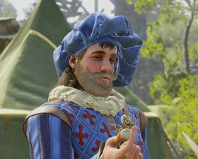 Volo stands in camp, offering the player a replacement eye, after his botched surgery.