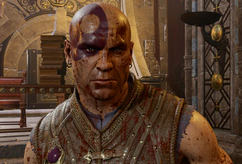 A picture of Minsc. He is in the basment of the Counting House and has just freed himself from a Mimic. He is covered in its blood and has a stern, determined expression on his face.