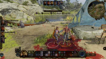 A picture of Raphael at camp. He is under the effect of a silence spell and has just been knocked out by Lae,zel. The 1400 experience points awarded for defeating him are still visible.