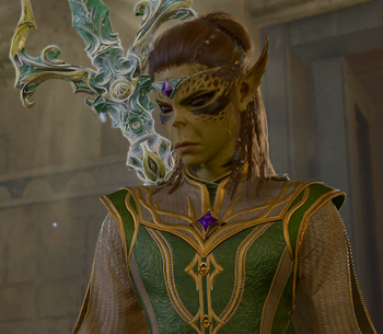 Lae'zel is on the upper floor of Sharess' Caress. She has a determined look on her face and affirms the player character's decision to steal the Orphic Hammer from the House of Hope.